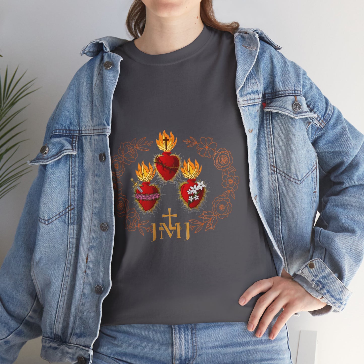 Sacred Hearts Tee — Three Flaming Hearts with JMJ Cross (CT)