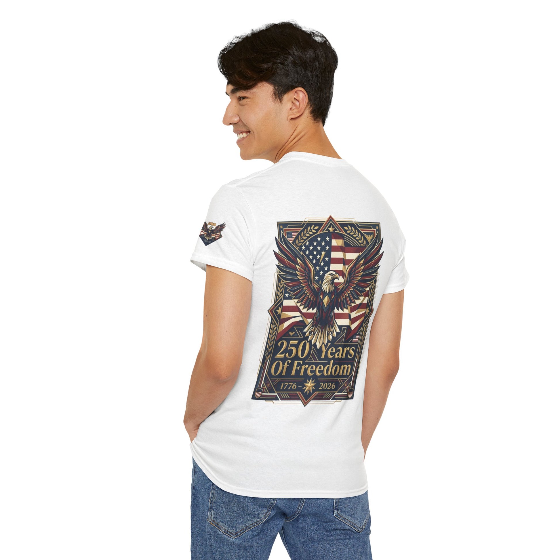 250 Years of Freedom Eagle T-Shirt, Person wearing a white t-shirt with an eagle and American flag design on the back, on a white background