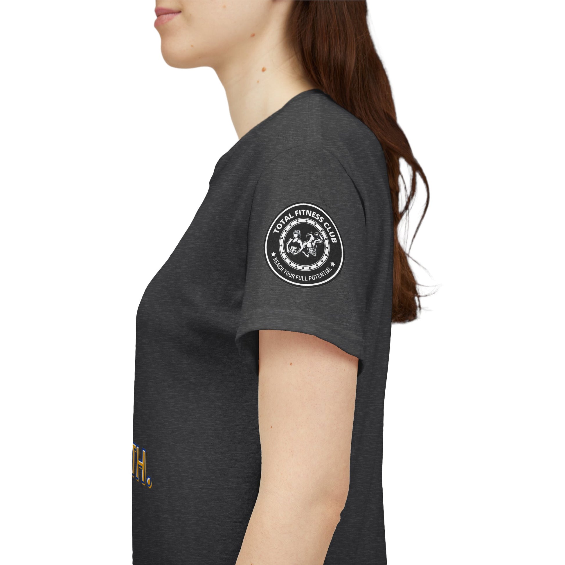 Fitness Funny Quotes T-shirt - Relax for Muscle Growth. Total Fitness Club T-shirt. Person wearing a dark gray t-shirt with a logo on the sleeve against a white background