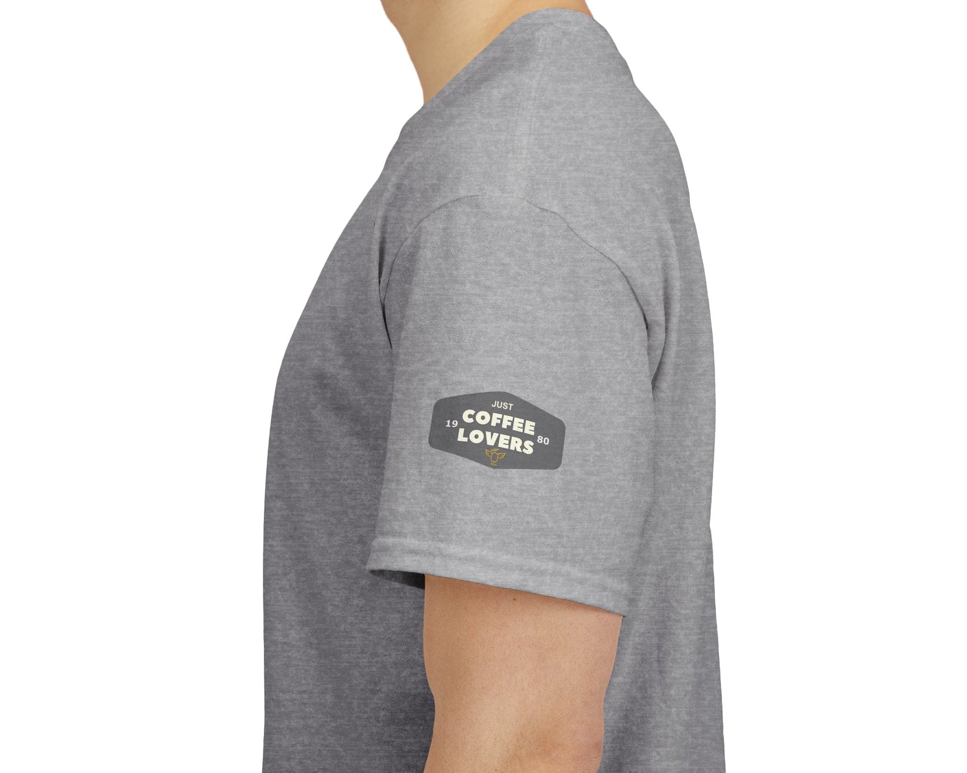 Coffee Lovers Cotton Tee - 'Better Late than Never', Person wearing a gray t-shirt with a logo on the sleeve against a white background