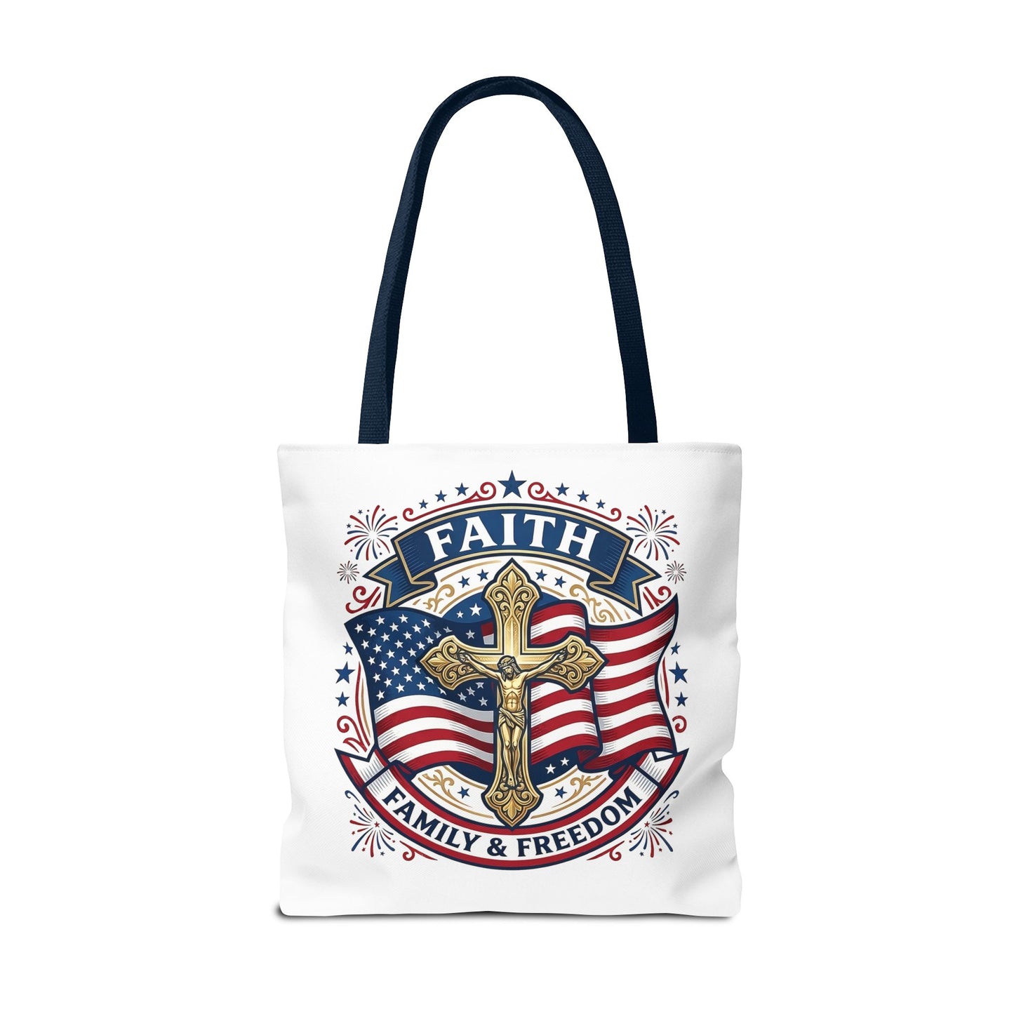 Faith, Family & Freedom Tote Bag — Patriotic Cross American Flag Tote (USA 250th)