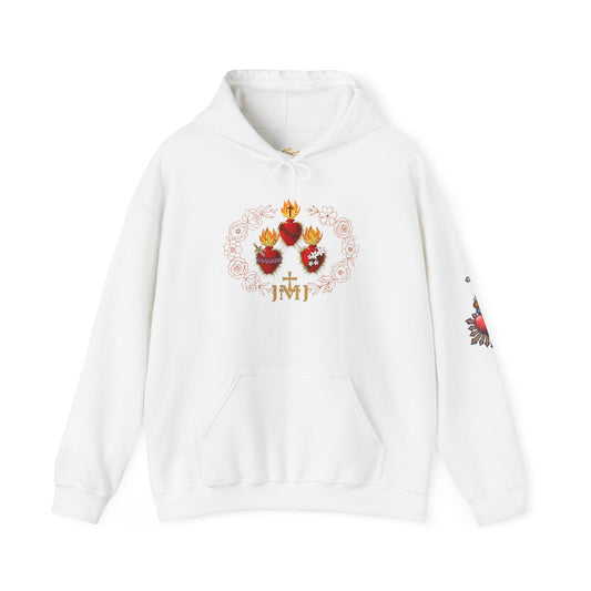 Sacred Hearts Hoodie — Three Flaming Hearts J.M.J. Devotional Sweatshirt (CT)