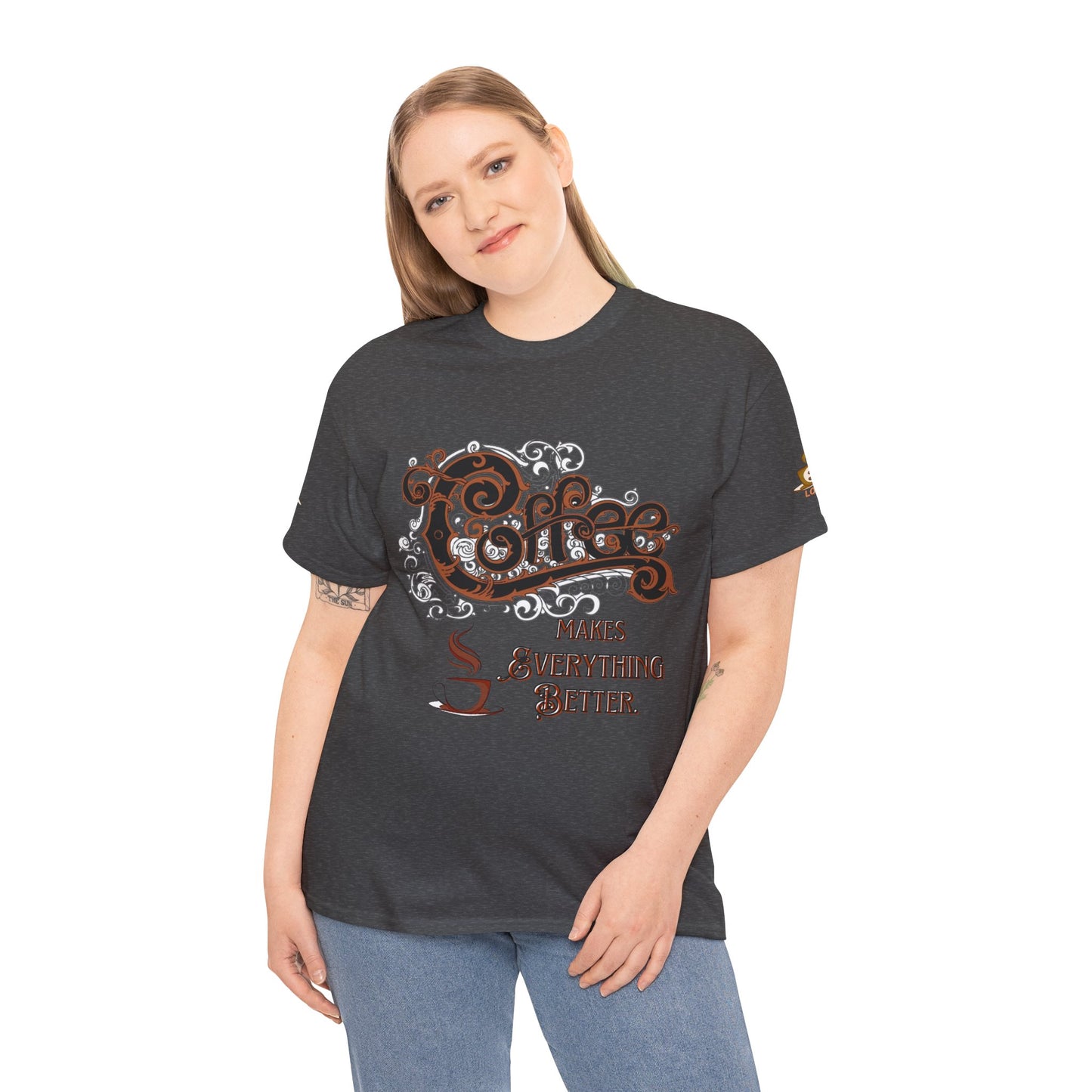 COFFEE LOVERS Cotton Tee - Coffee Makes Everything Better, Woman wearing a dark gray t-shirt with decorative text design on a white background