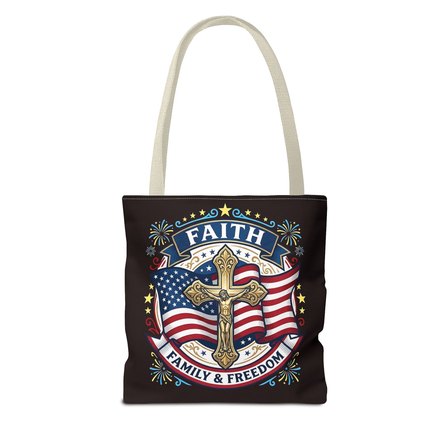 Faith, Family & Freedom Cross Bag — Patriotic American Flag Canvas Tote (USA 250th)