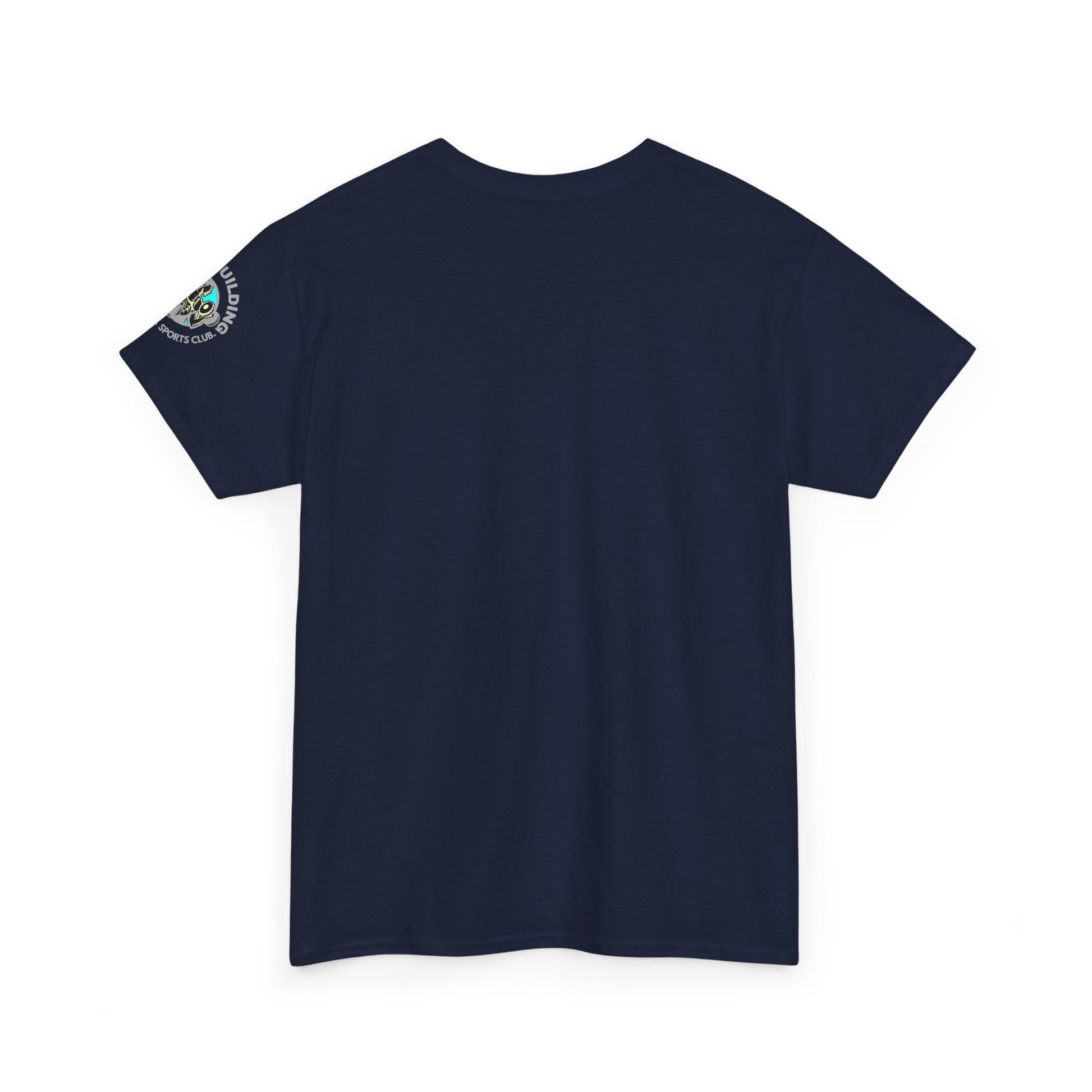 Gym Fitness Tee - BEING STRONG IS A MINDSET. Navy blue t-shirt with a small logo on the back against a white background