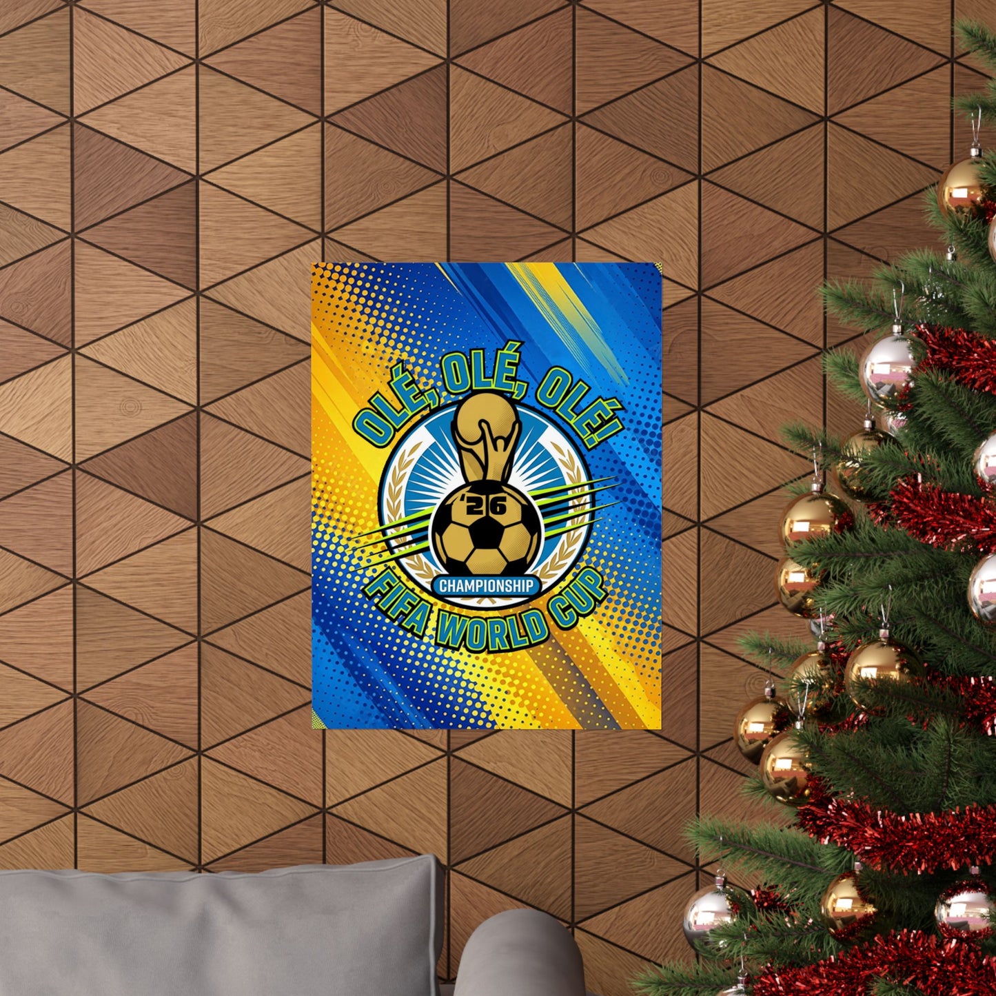 Decorative banner with sports theme on a wall next to a Christmas tree.