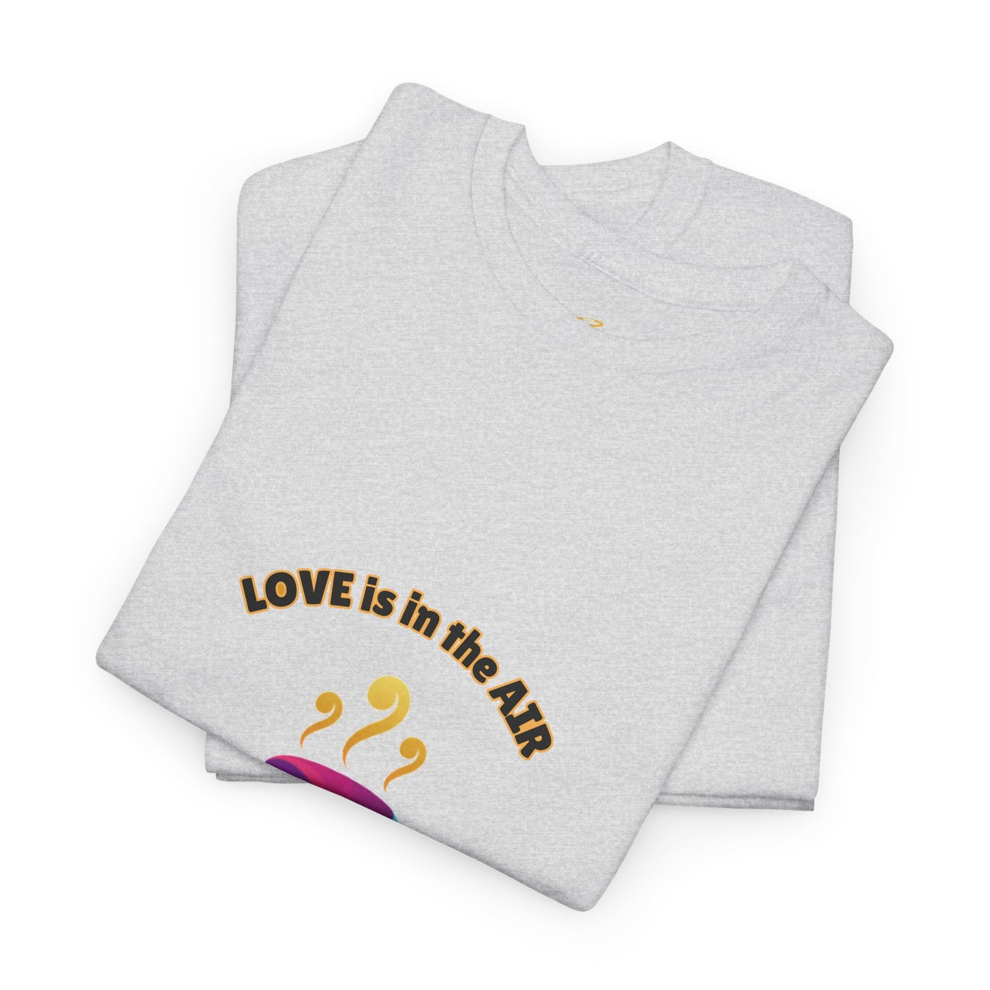 Folded gray sweatshirt with 'LOVE is in the AIR' text on a white background
