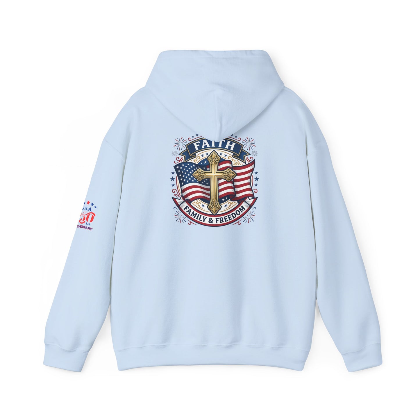 Faith, Family & Freedom Hoodie — Patriotic Cross American Flag Sweatshirt (USA 250th)