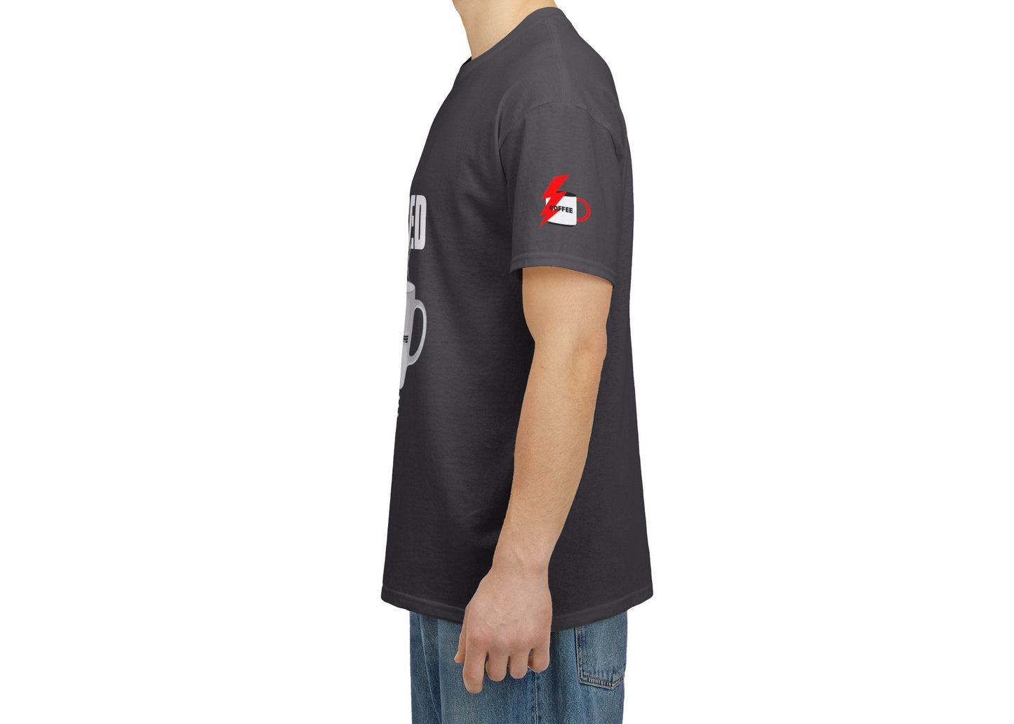 Coffee Lovers Cotton T-shirt - Powered by Coffee. Man wearing a dark gray t-shirt with logos on a white background