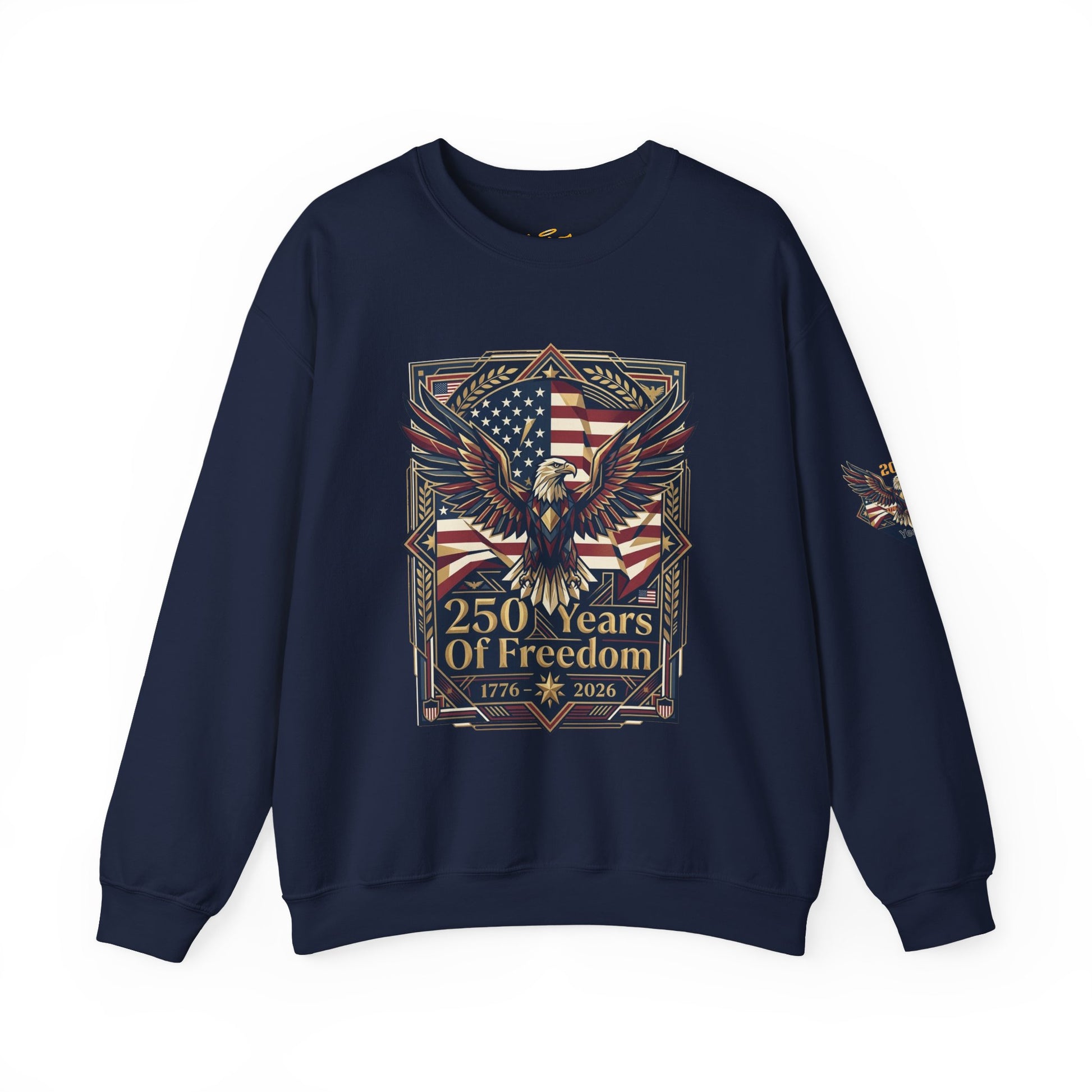 USA 250th ANNIVERSARY Crewneck Sweatshirt , Navy blue sweatshirt with eagle and American flag design on a white background