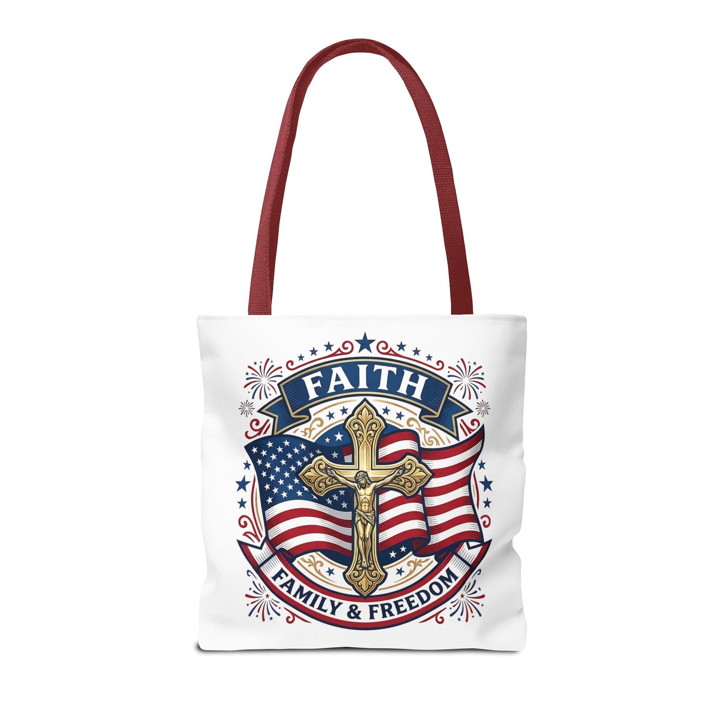 Faith, Family & Freedom Tote Bag — Patriotic Cross American Flag Tote (USA 250th)
