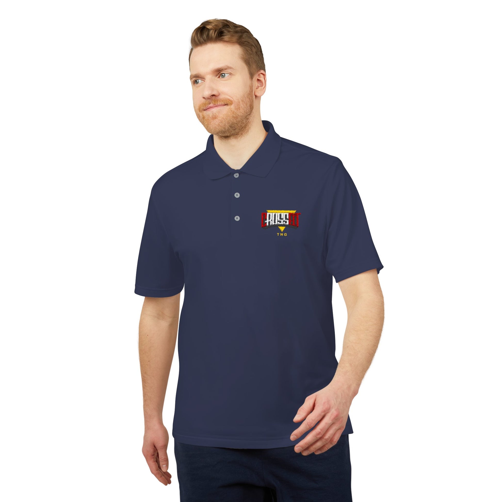 Adidas Sports Polo Shirt for CrossFit Enthusiasts, Man wearing a navy blue polo shirt with a logo on a white background