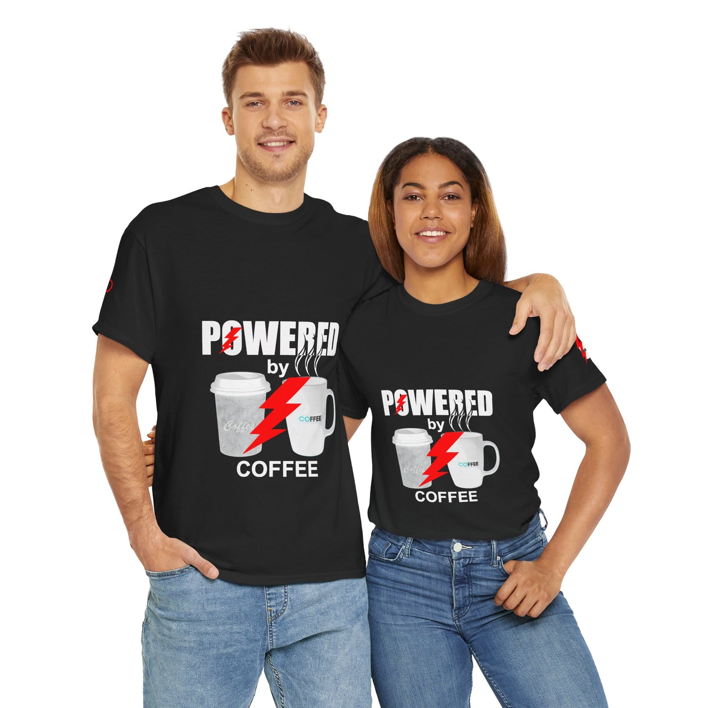 Coffee Lovers Cotton T-shirt - Powered by Coffee. Two people wearing black t-shirts with 'Powered by Coffee' design on a white background
