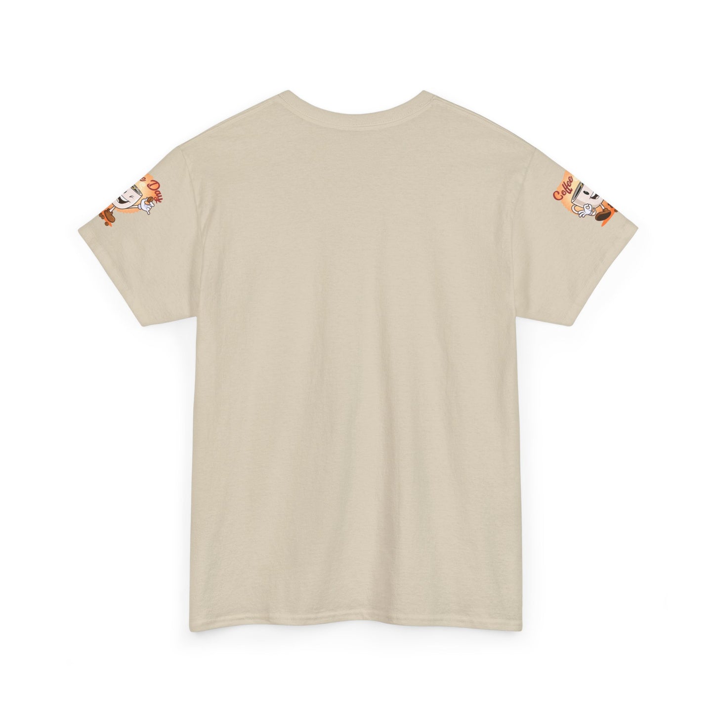Beige t-shirt with floral designs on sleeves against a white background