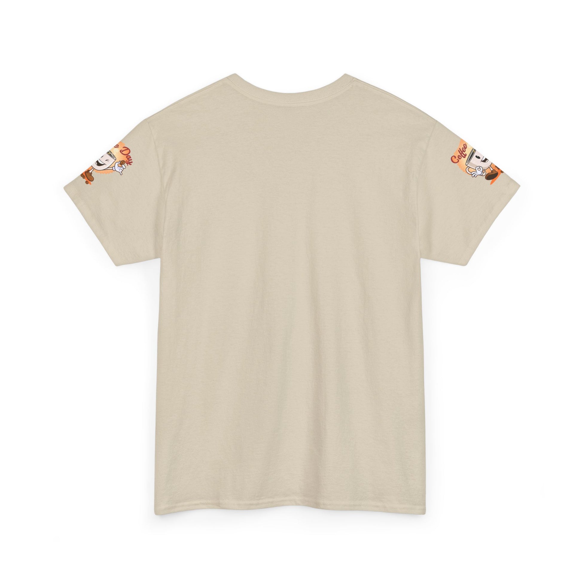 Beige t-shirt with floral designs on sleeves against a white background