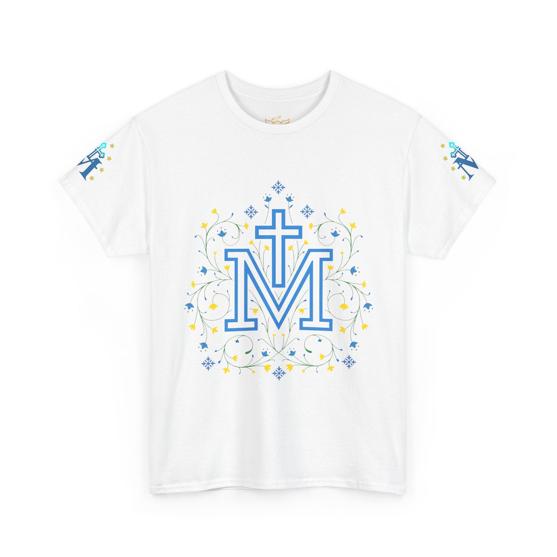 Marian Symbol T-shirt Unisex Heavy Cotton Tee, White t-shirt with blue letter 'Marian symbol' design on a white background
