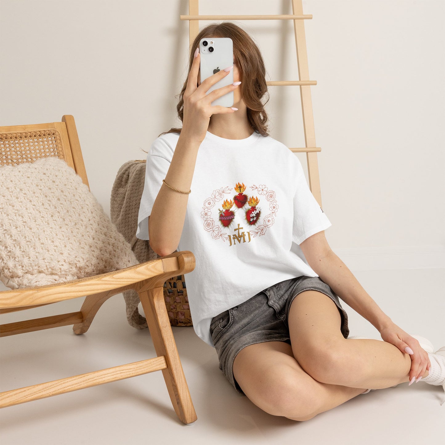 Sacred Hearts Tee — Three Flaming Hearts with JMJ Cross (CT)