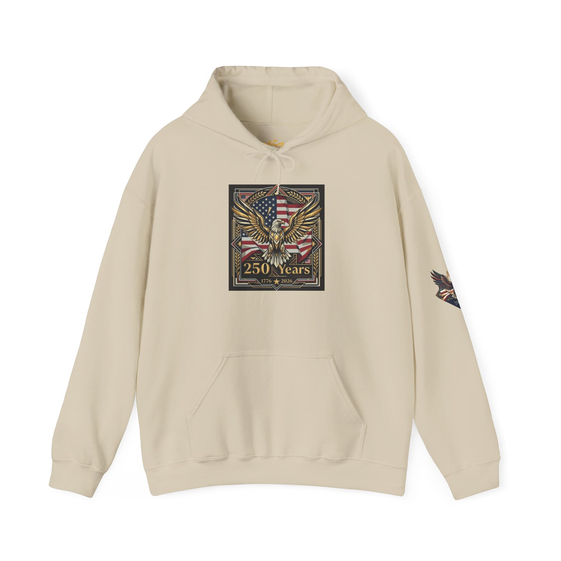 America 250 Years of Freedom Hoodie, Beige hoodie with eagle and American flag design on a white background