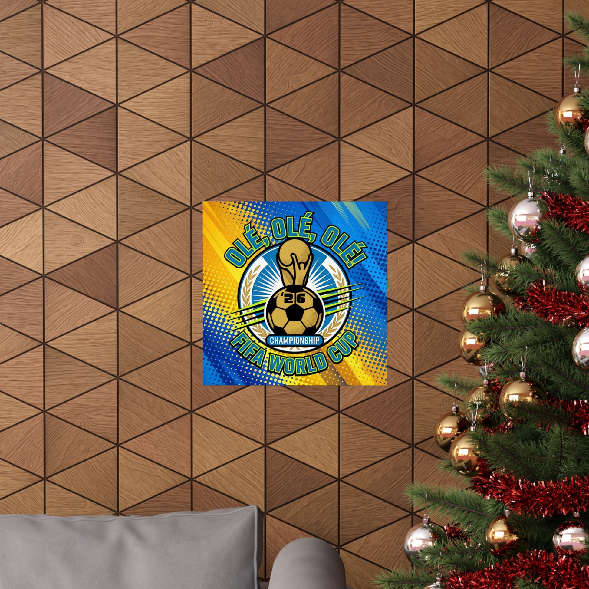Decorative poster with a soccer ball design on a wooden wall next to a Christmas tree.