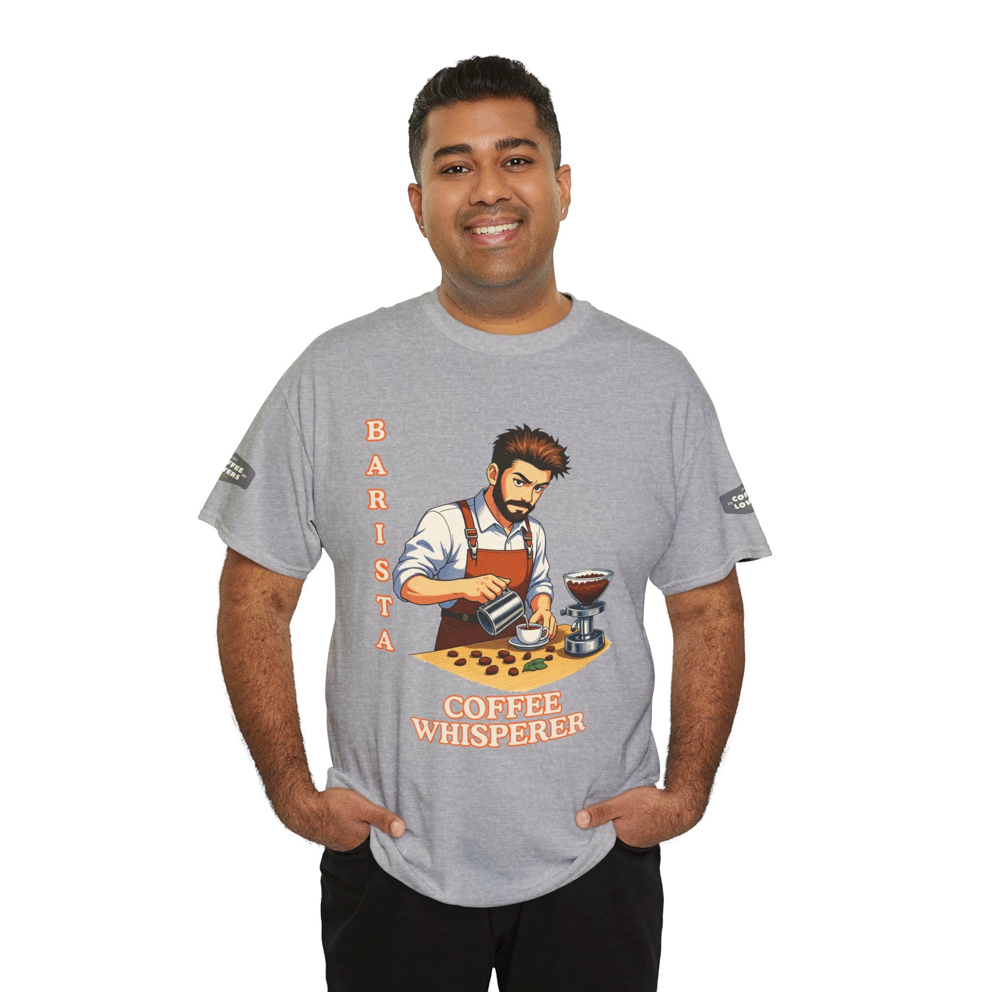 Coffee Lovers Cotton Tee for Male Barista,  Man wearing a gray t-shirt with a barista graphic and text on a white background