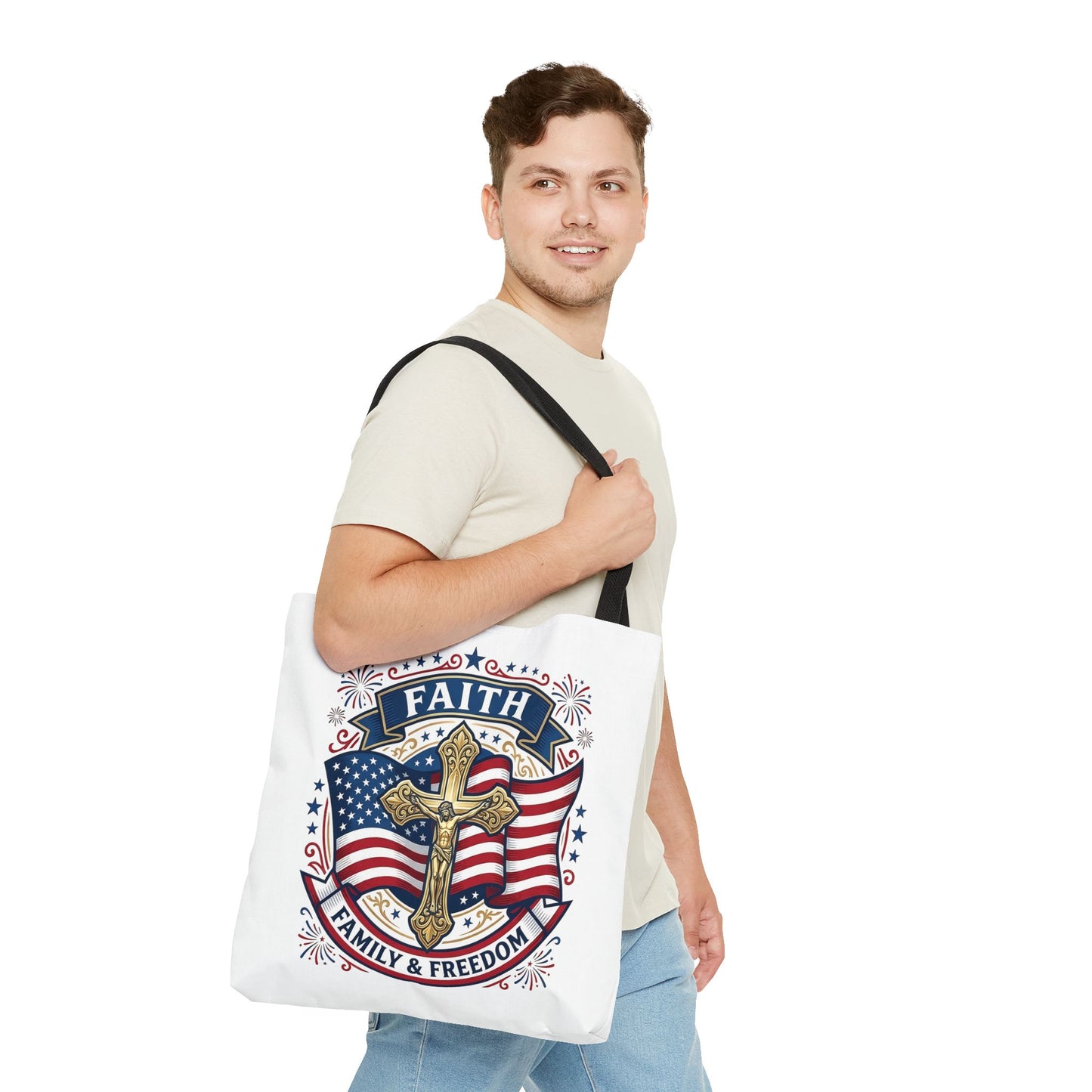 Faith, Family & Freedom Tote Bag — Patriotic Cross American Flag Tote (USA 250th)