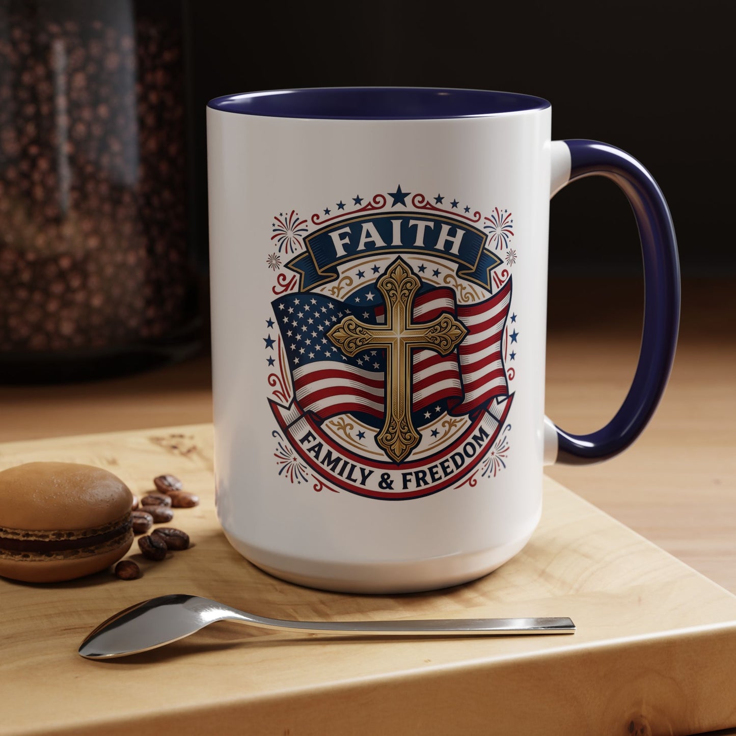 Faith, Family & Freedom Accent Coffee Mug — Patriotic Cross Mug  (USA 250th)