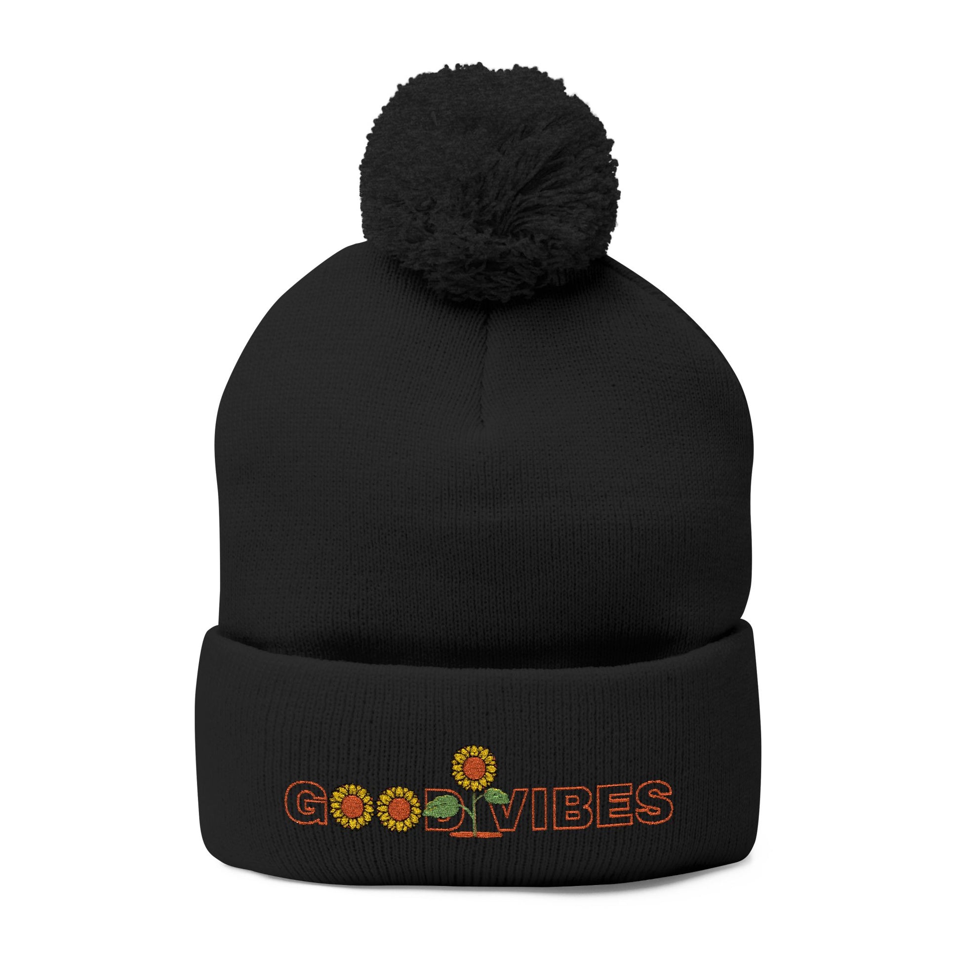 Summer Pom-Pom Beanie — "Good Vibes" Embroidered Sunflower Knit Hat - Trending Novelties & Gifts