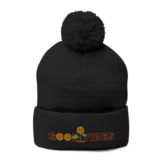 Summer Pom-Pom Beanie — "Good Vibes" Embroidered Sunflower Knit Hat - Trending Novelties & Gifts