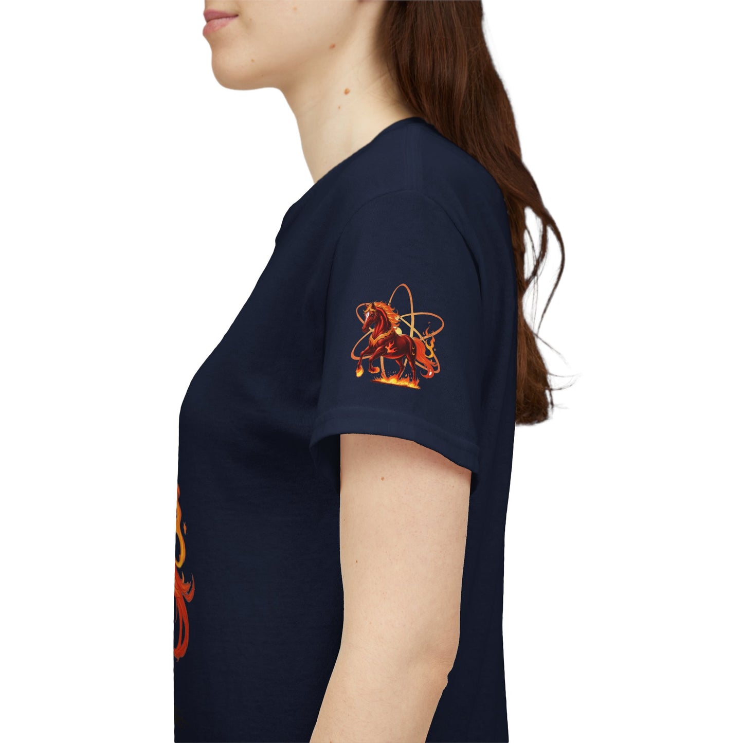 Lunar New Year Fiery Horse Novelty T-Shirt, Navy blue t-shirt with a colorful graphic on the sleeve worn by a person