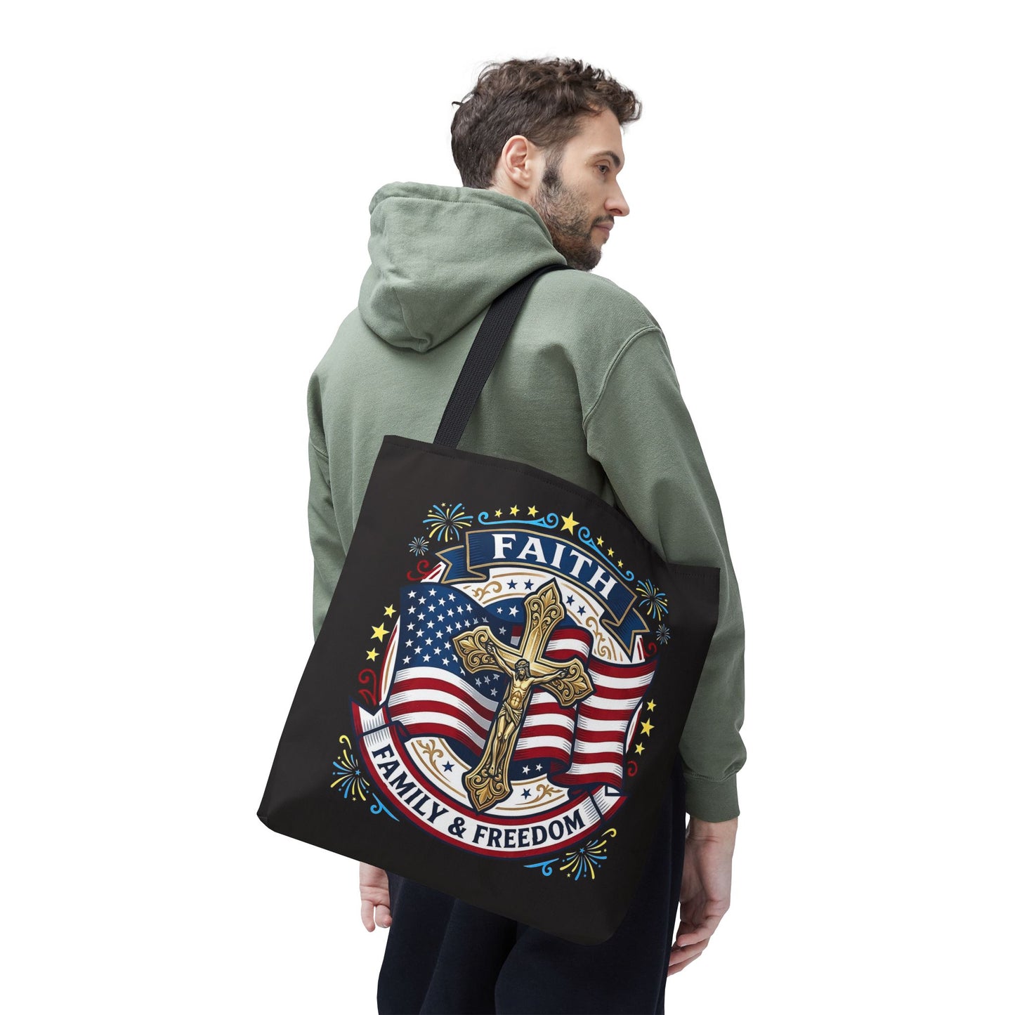 Faith, Family & Freedom Cross Bag — Patriotic American Flag Canvas Tote (USA 250th)