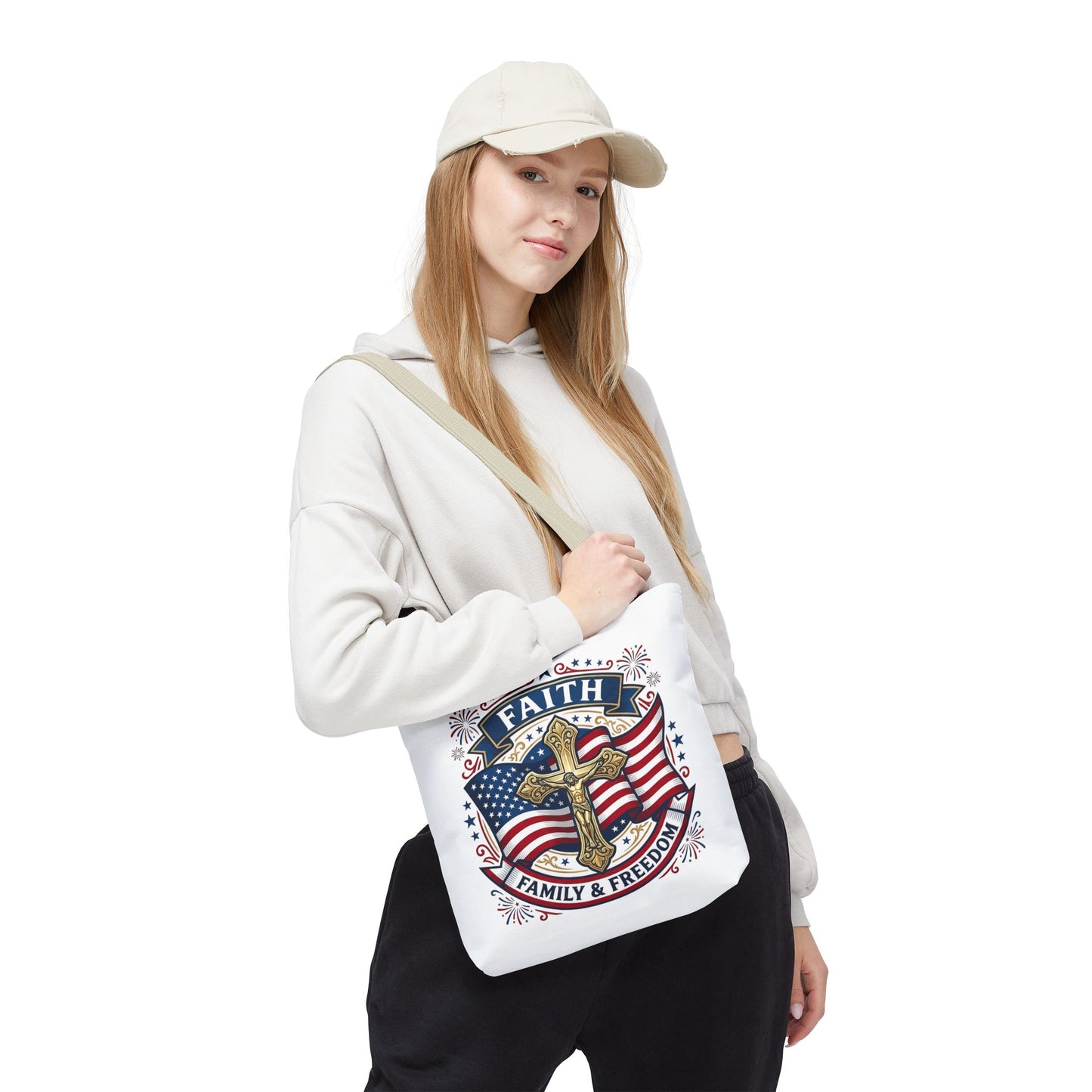 Faith, Family & Freedom Tote Bag — Patriotic Cross American Flag Tote (USA 250th)