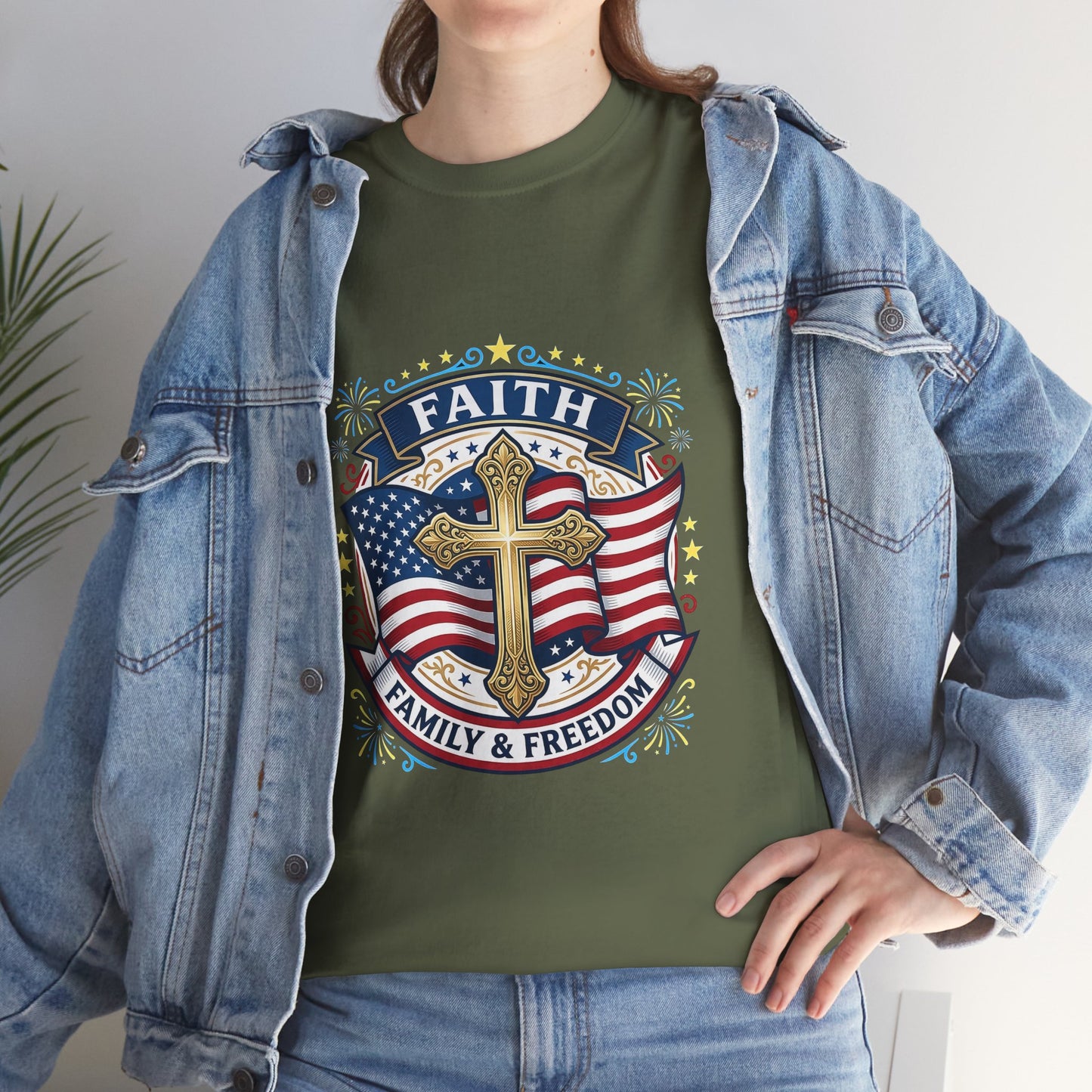Faith, Family & Freedom T-Shirt — American Flag Cross Patriotic Tee (USA 250th)