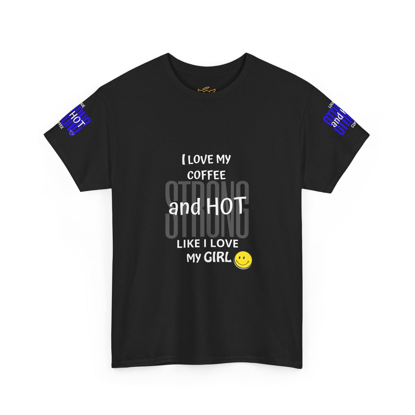 Coffee Lover Heavy Cotton Tee - I Love My Coffee Strong and Hot, Black t-shirt with white text and blue labels on sleeves against a white background