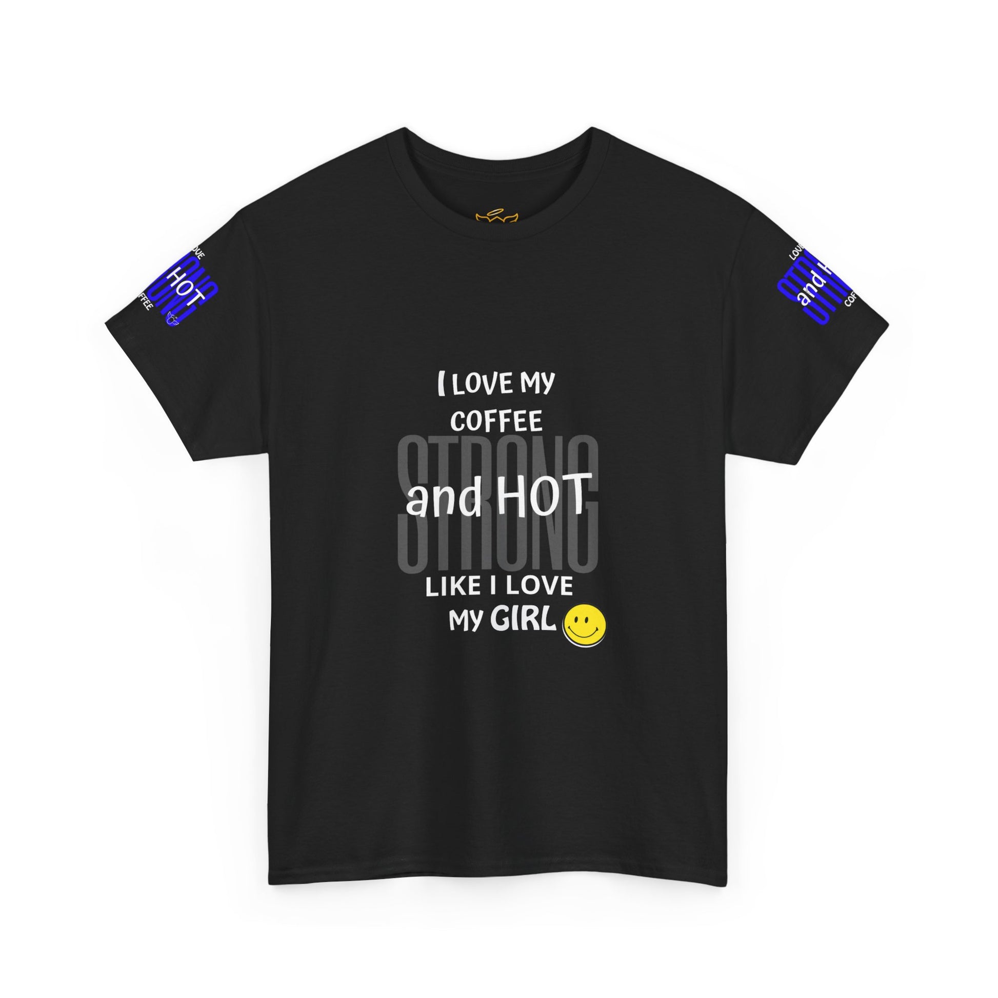 Coffee Lover Heavy Cotton Tee - I Love My Coffee Strong and Hot, Black t-shirt with white text and blue labels on sleeves against a white background