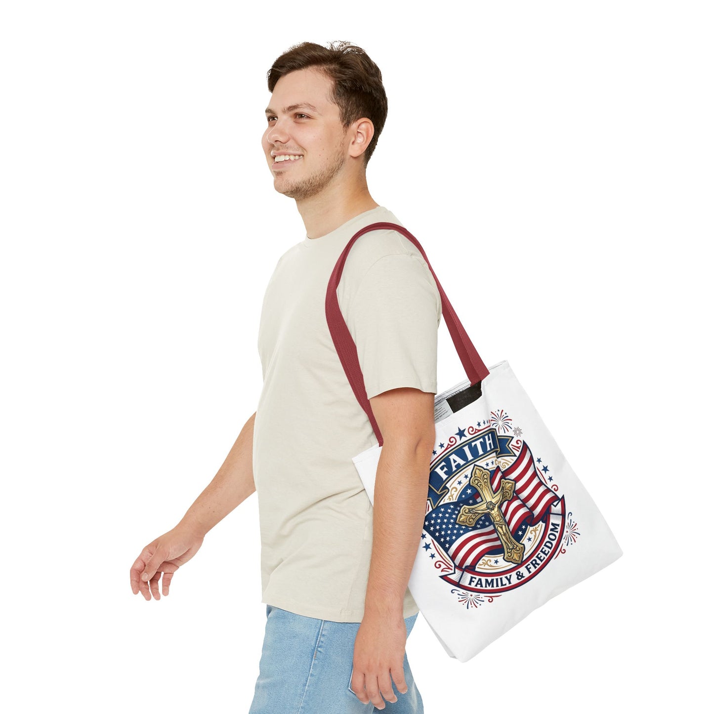 Faith, Family & Freedom Tote Bag — Patriotic Cross American Flag Tote (USA 250th)