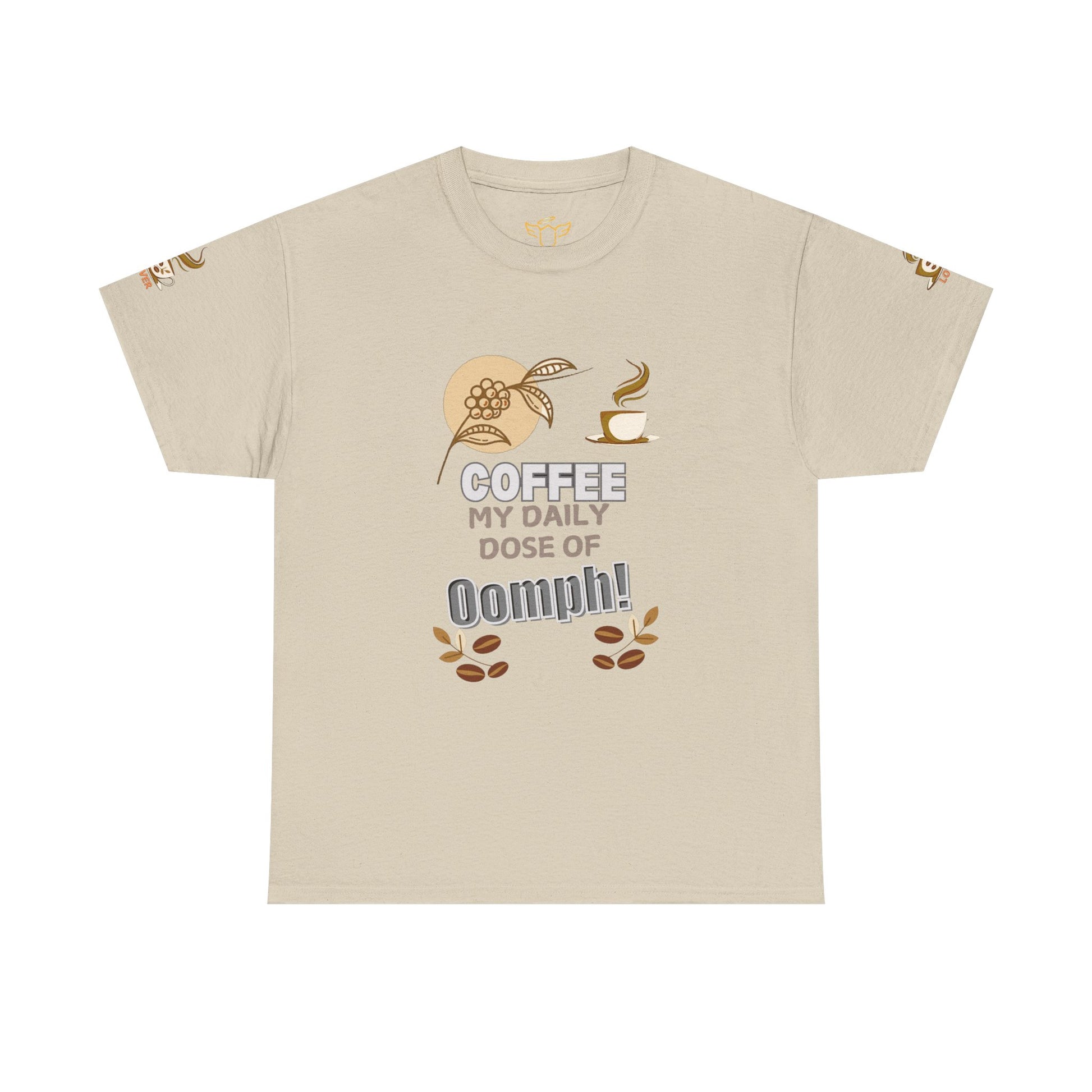 Coffee Lover's Heavy Cotton Unisex T-shirt, Beige t-shirt with coffee-themed graphics and text on a white background