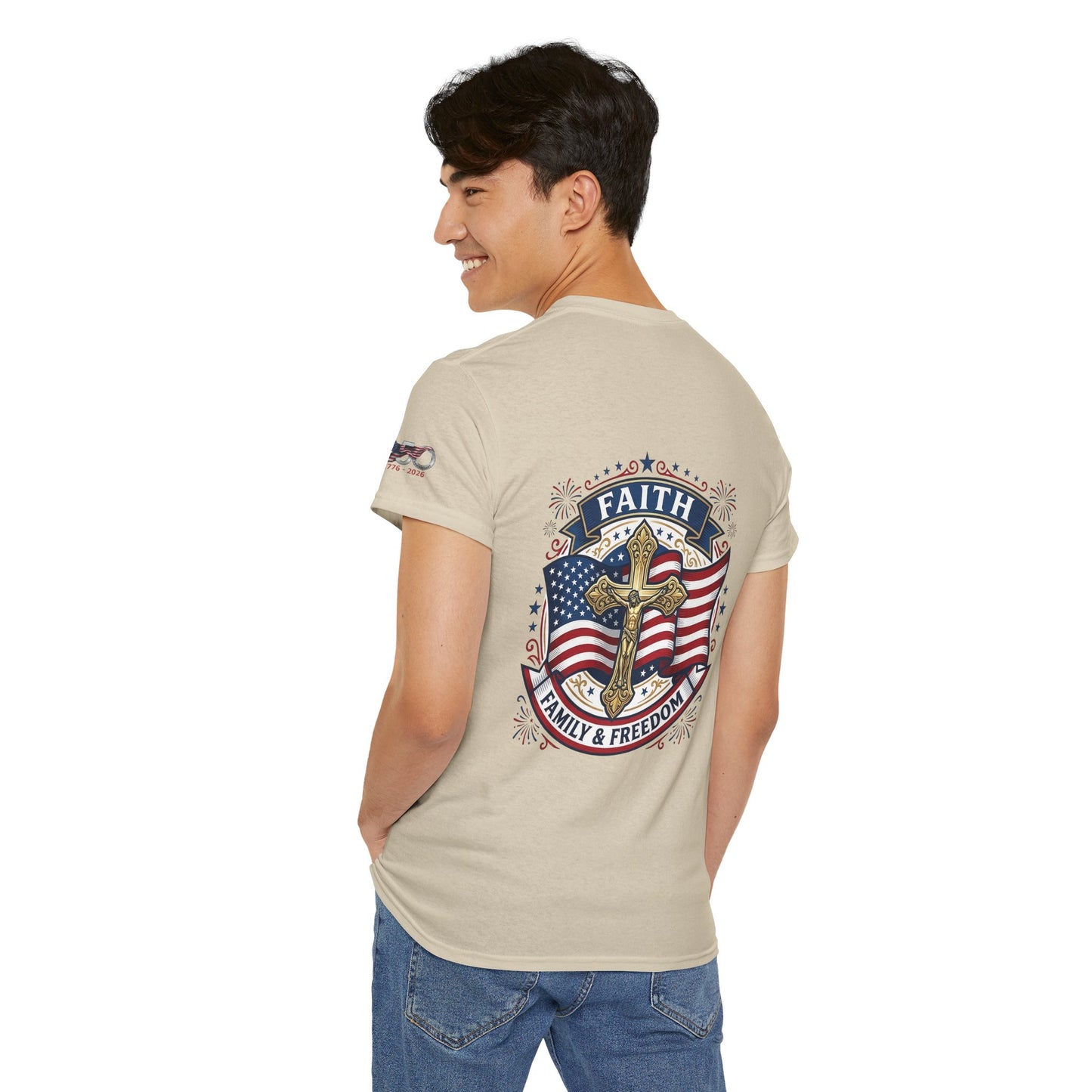 Catholic Faith, Family & Freedom T‑Shirt — Patriotic Cross American Flag Tee (USA 250th)