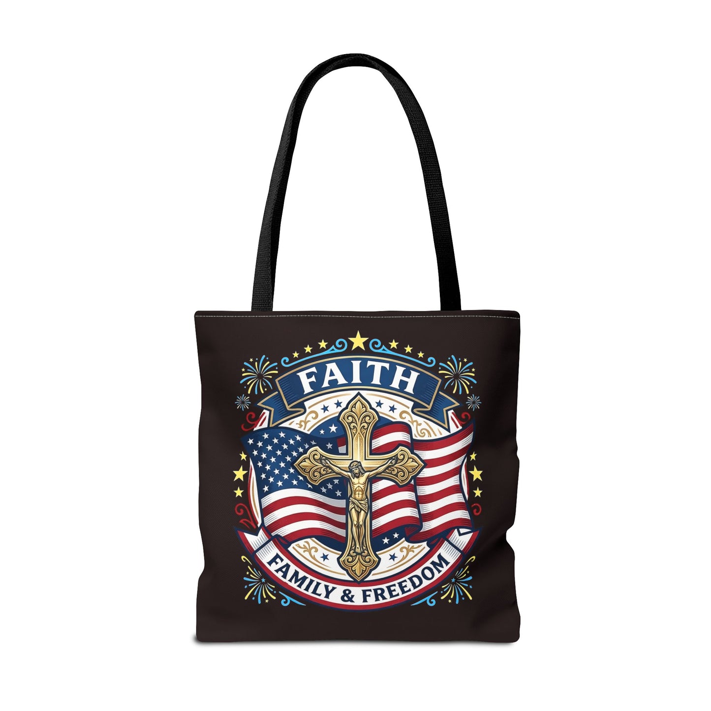 Faith, Family & Freedom Cross Bag — Patriotic American Flag Canvas Tote (USA 250th)