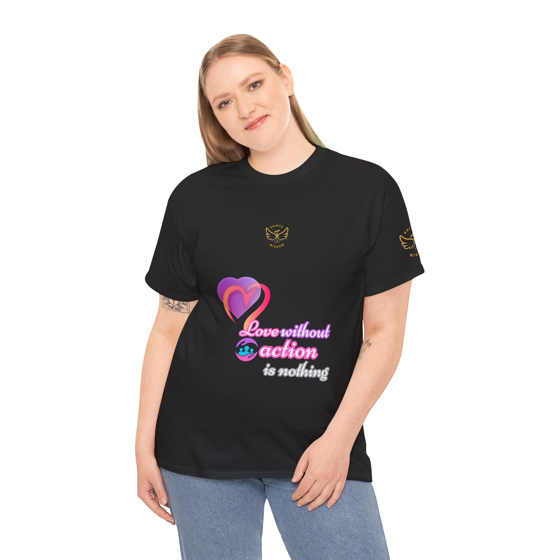 Catholic Graphic Tee - Inspirational Quote of St Anthony of Padua , "Love without action is nothing", Person wearing a black t-shirt with a colorful design and text on a white background