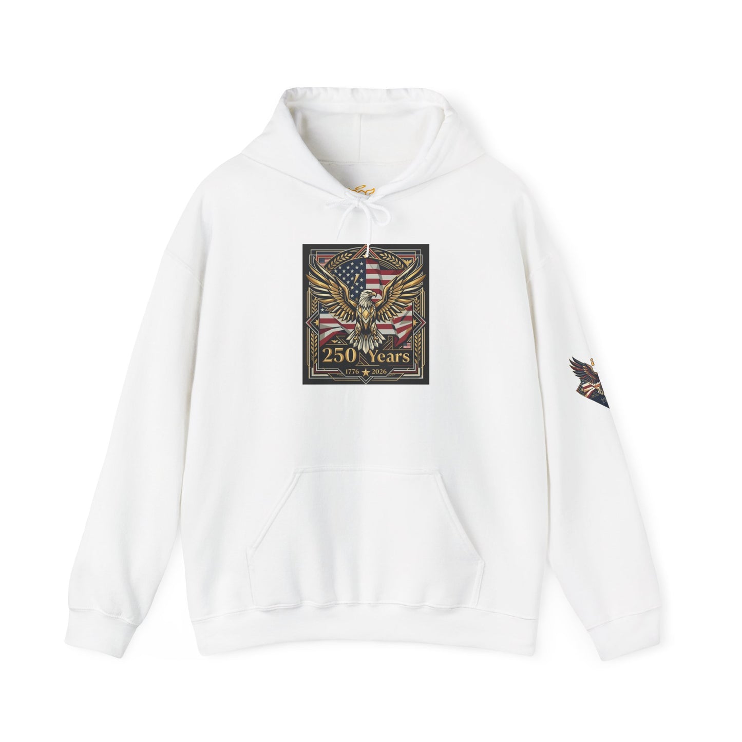America 250 Years of Freedom Hoodie, White hoodie with eagle and flag design on a white background