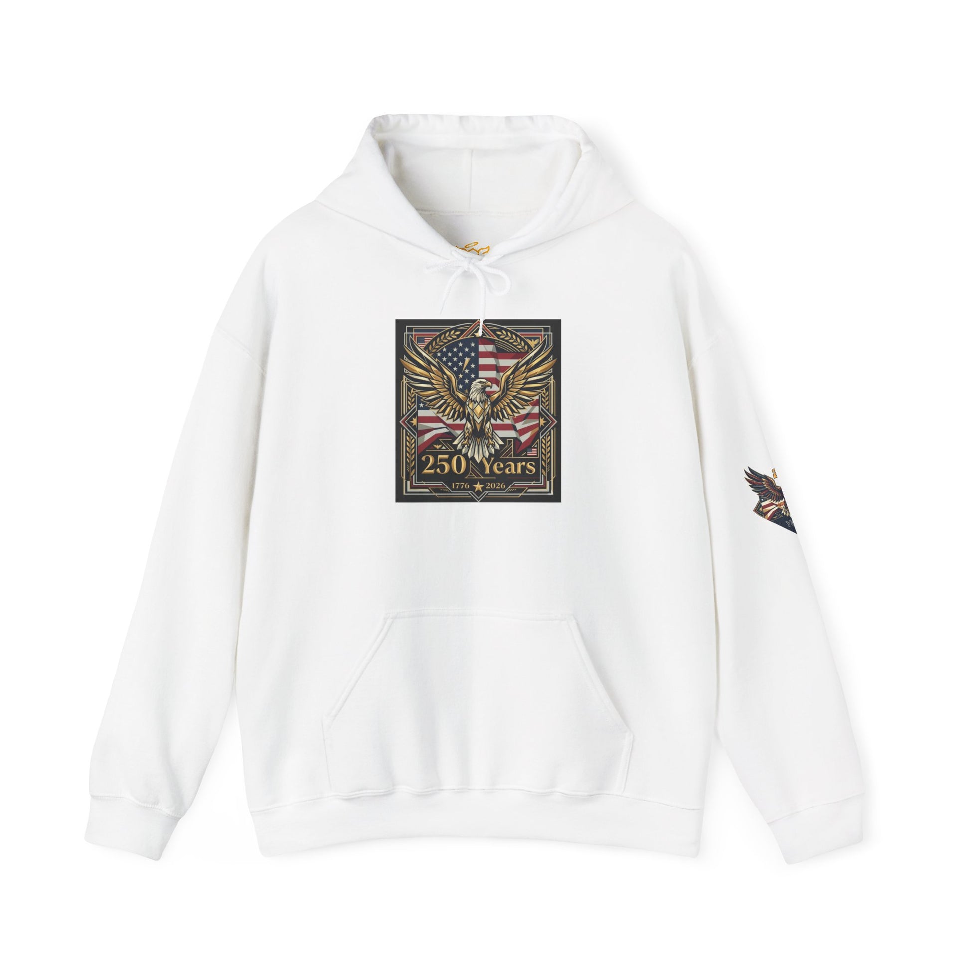 America 250 Years of Freedom Hoodie, White hoodie with eagle and flag design on a white background