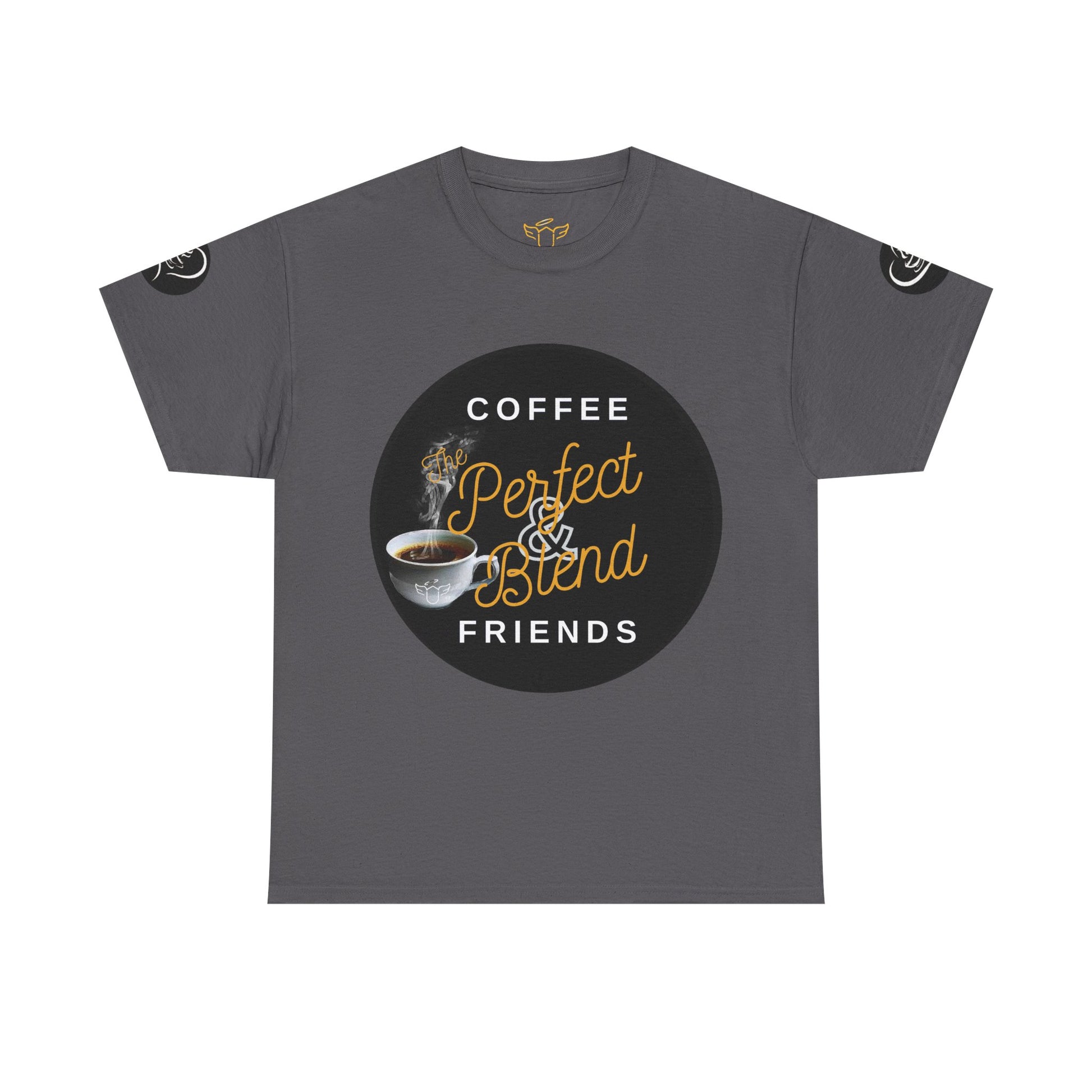 Coffee Lovers Cotton T-shirt, Gray t-shirt with coffee-themed graphic and text on a white background