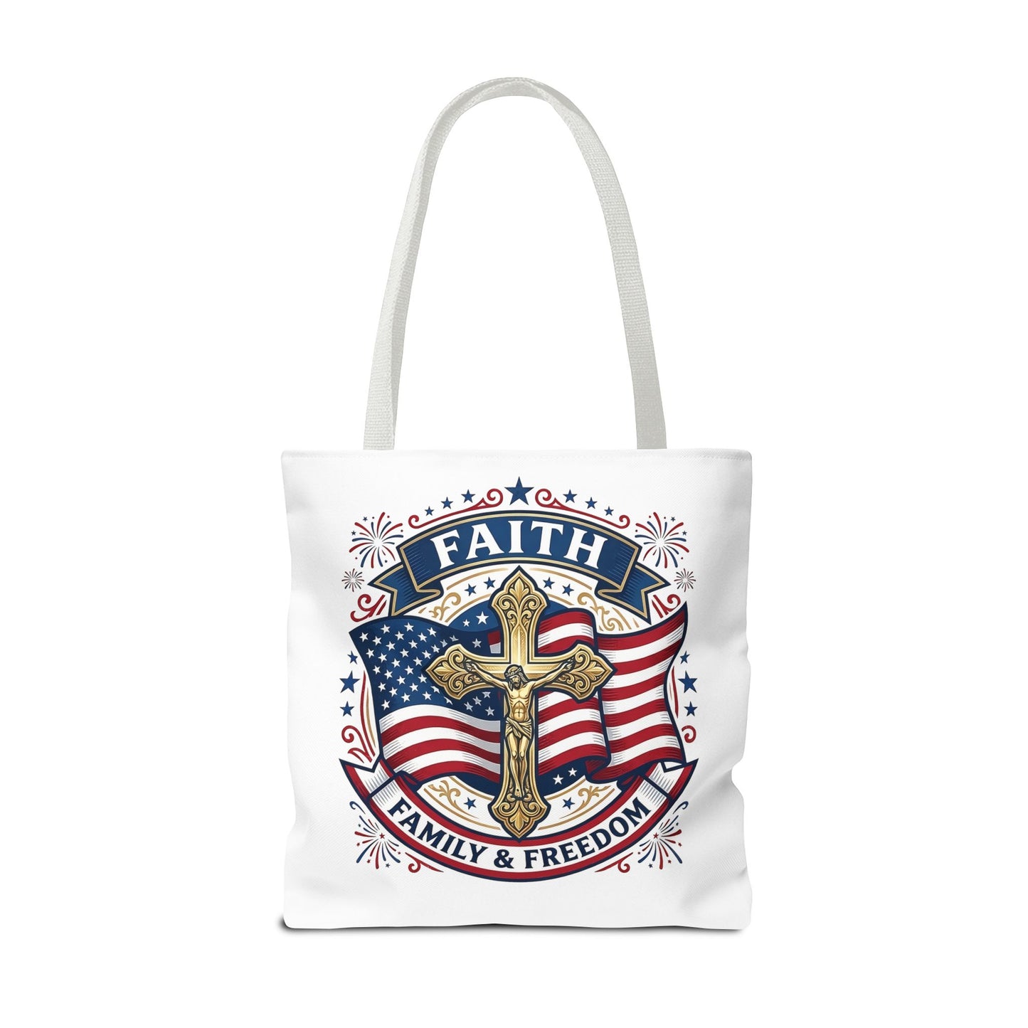 Faith, Family & Freedom Tote Bag — Patriotic Cross American Flag Tote (USA 250th)