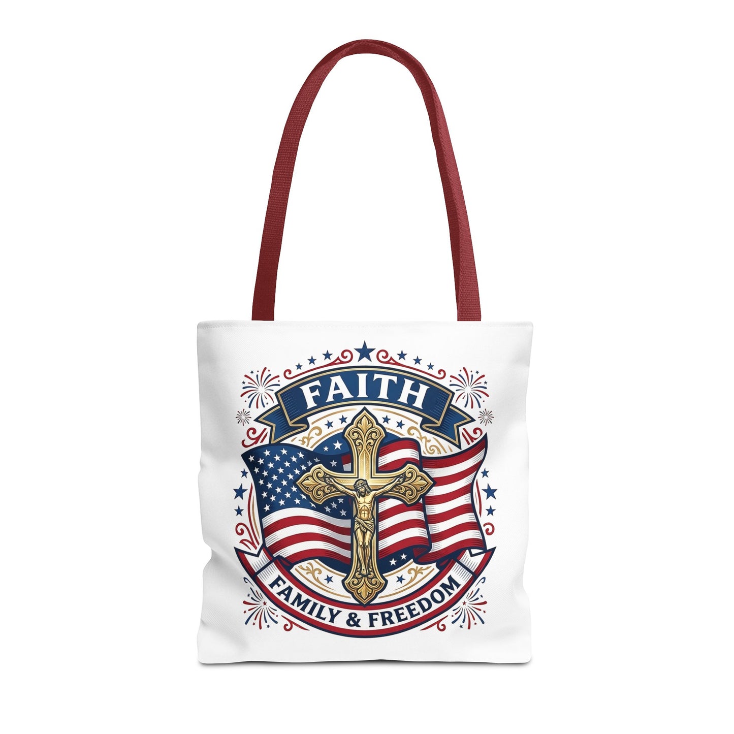 Faith, Family & Freedom Tote Bag — Patriotic Cross American Flag Tote (USA 250th)