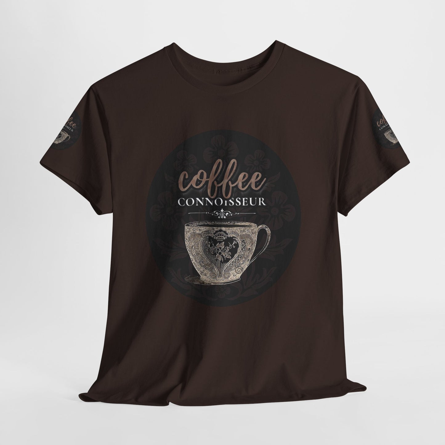 COFFEE LOVERS COTTON TEES For Connoisseurs, Brown t-shirt with 'coffee connoisseur' graphic on a light gray background