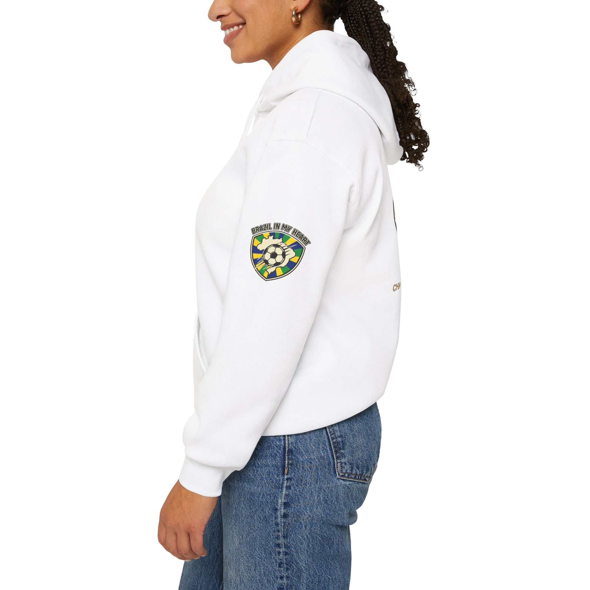 Person wearing a white hoodie with a logo on the sleeve against a white background | Brazil Pride Shield Soccer Hoodie | Brazil retro soccer hoodie