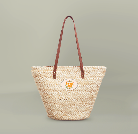 Summer Straw Tote Bag — Woven Beach Market Tote with Floral Graphic