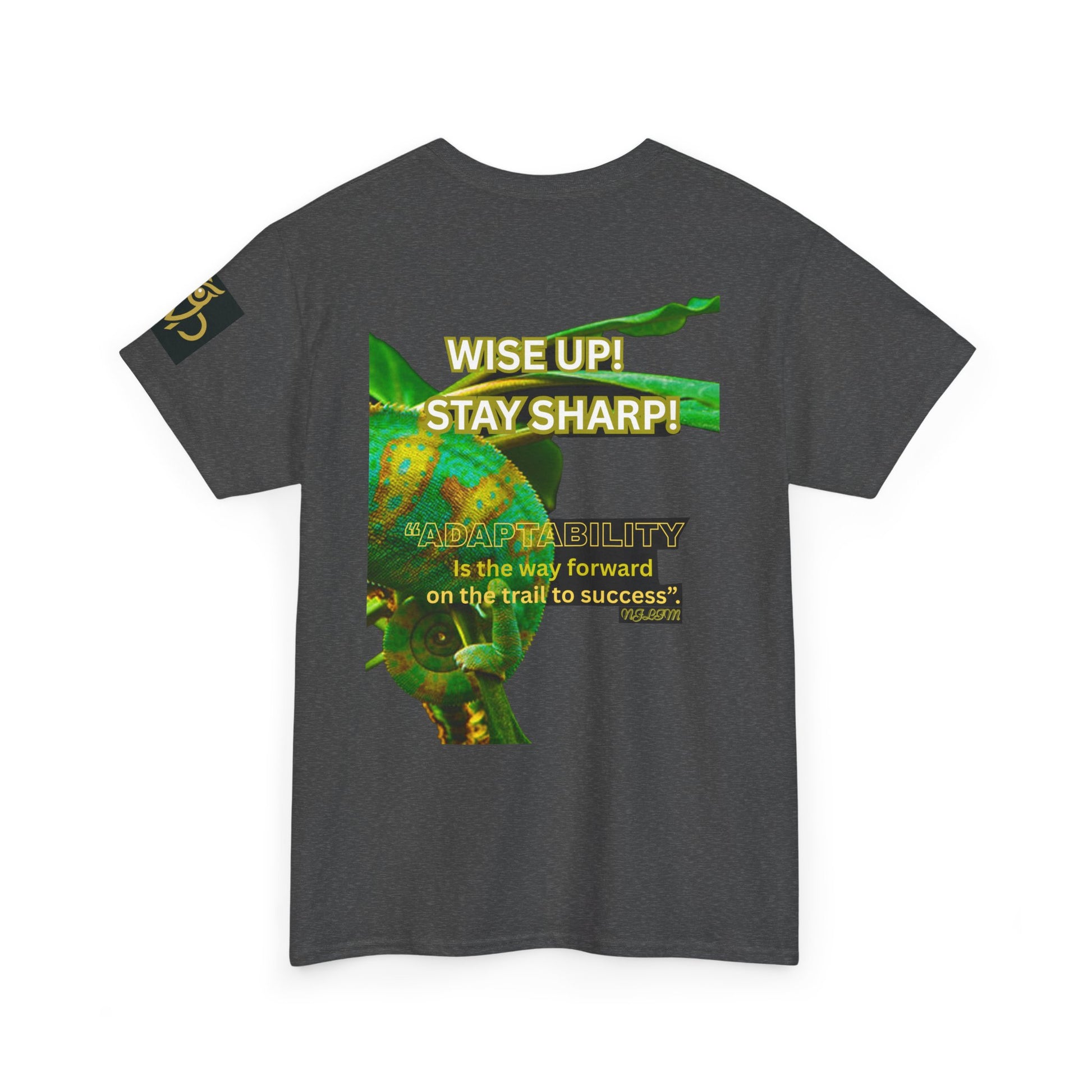 Wise Up Adapt! Motivational T-shirt — 'Wise Up! Stay Sharp!' Graphic Novelty Tee, Gray t-shirt with green and yellow graphic and text on a white background