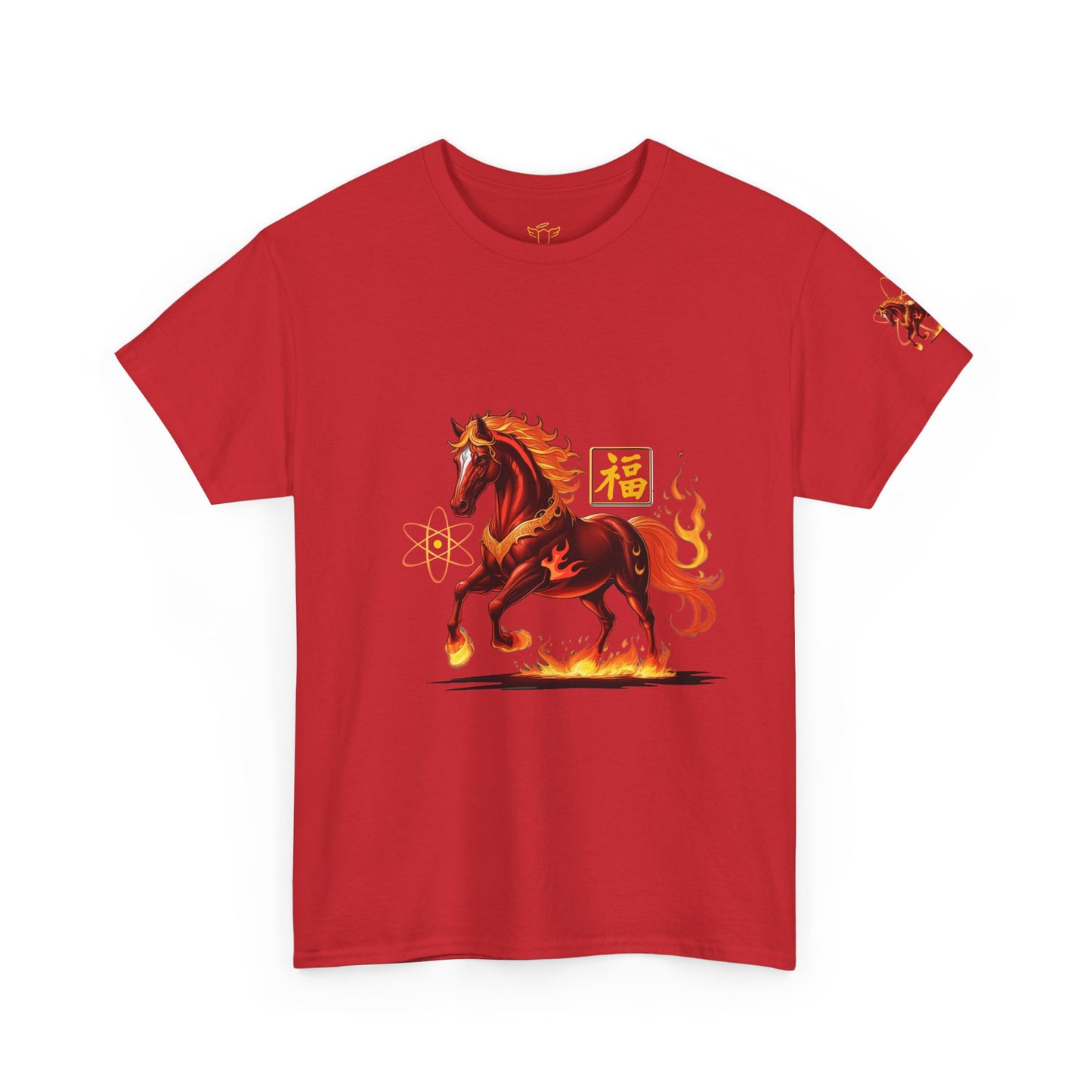 Lunar New Year Fiery Horse Novelty T-Shirt, Red t-shirt with a horse graphic and Chinese characters on a white background