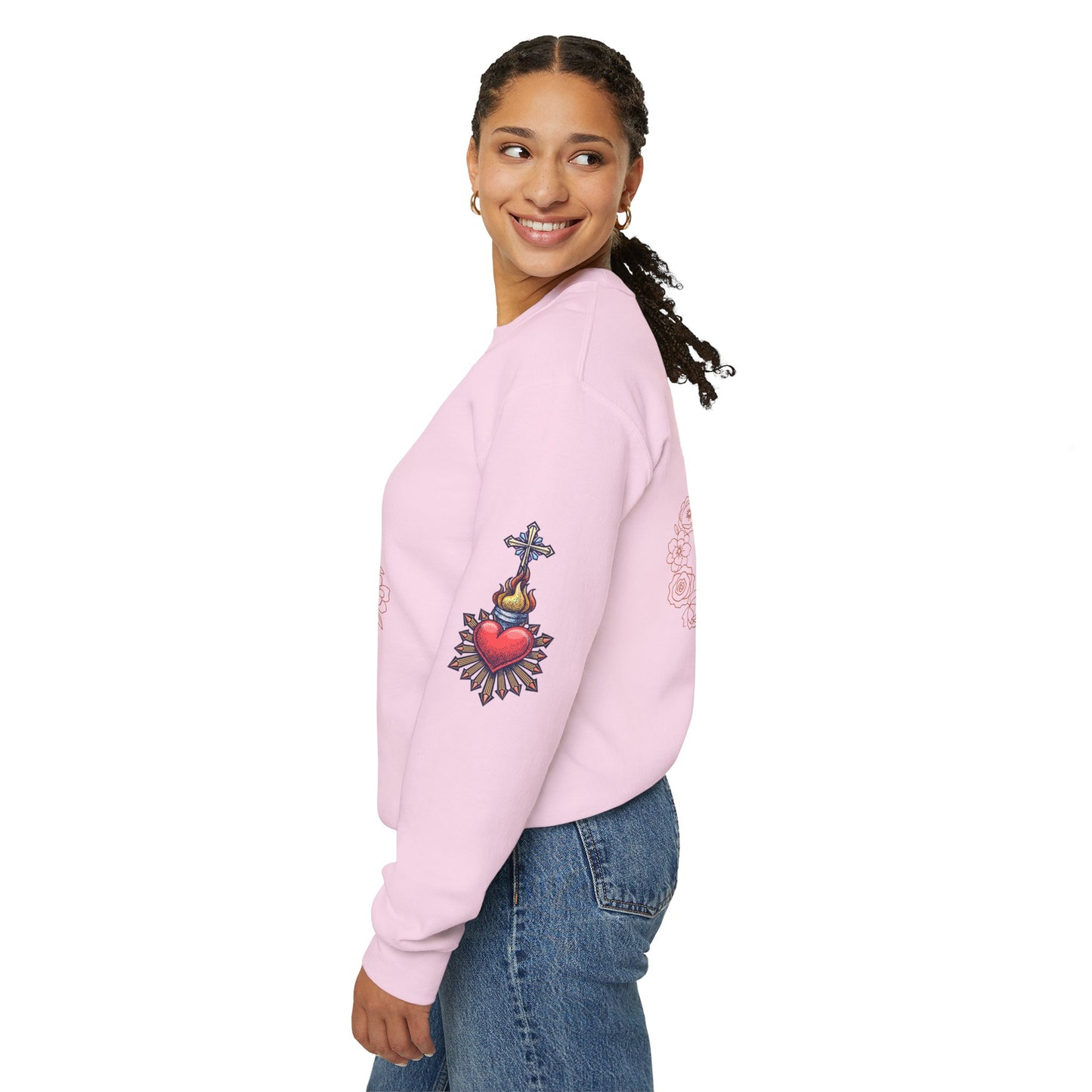 Sacred Hearts Crewneck Sweatshirt — Three Flaming Hearts with JMJ Cross (CT)